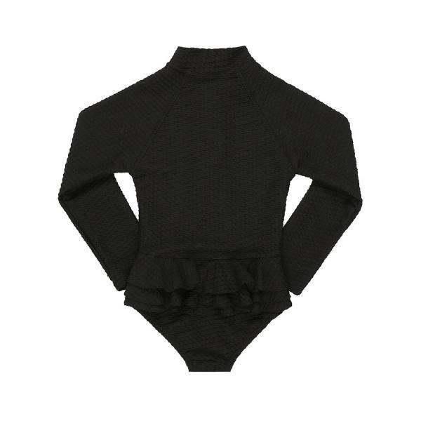 Black textured fabric girls one piece swimwear with UPF50+ sun protection.